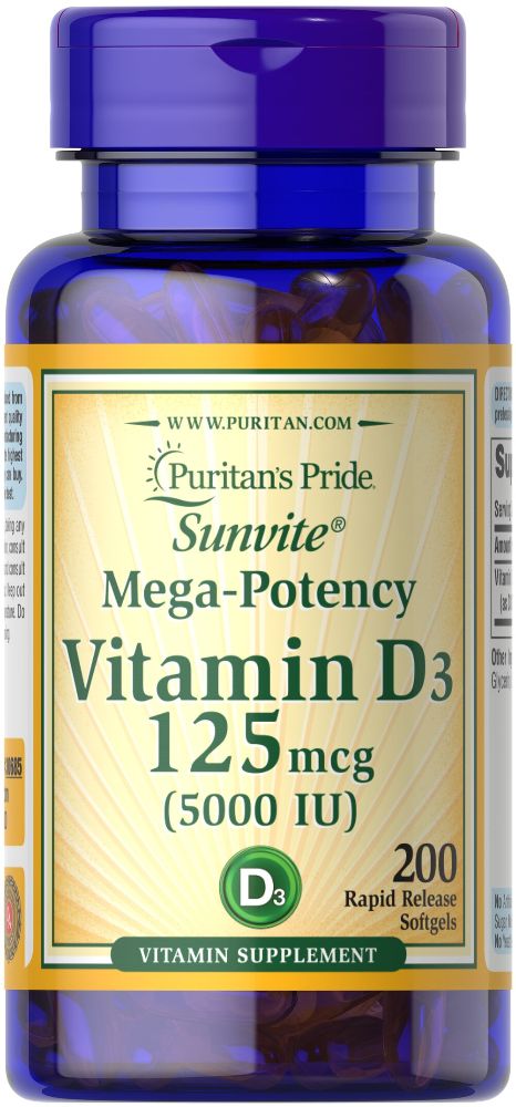 Puritan’s Pride Sunvite Mega-Potency Vitamin D3 5000IU 200 Capsules