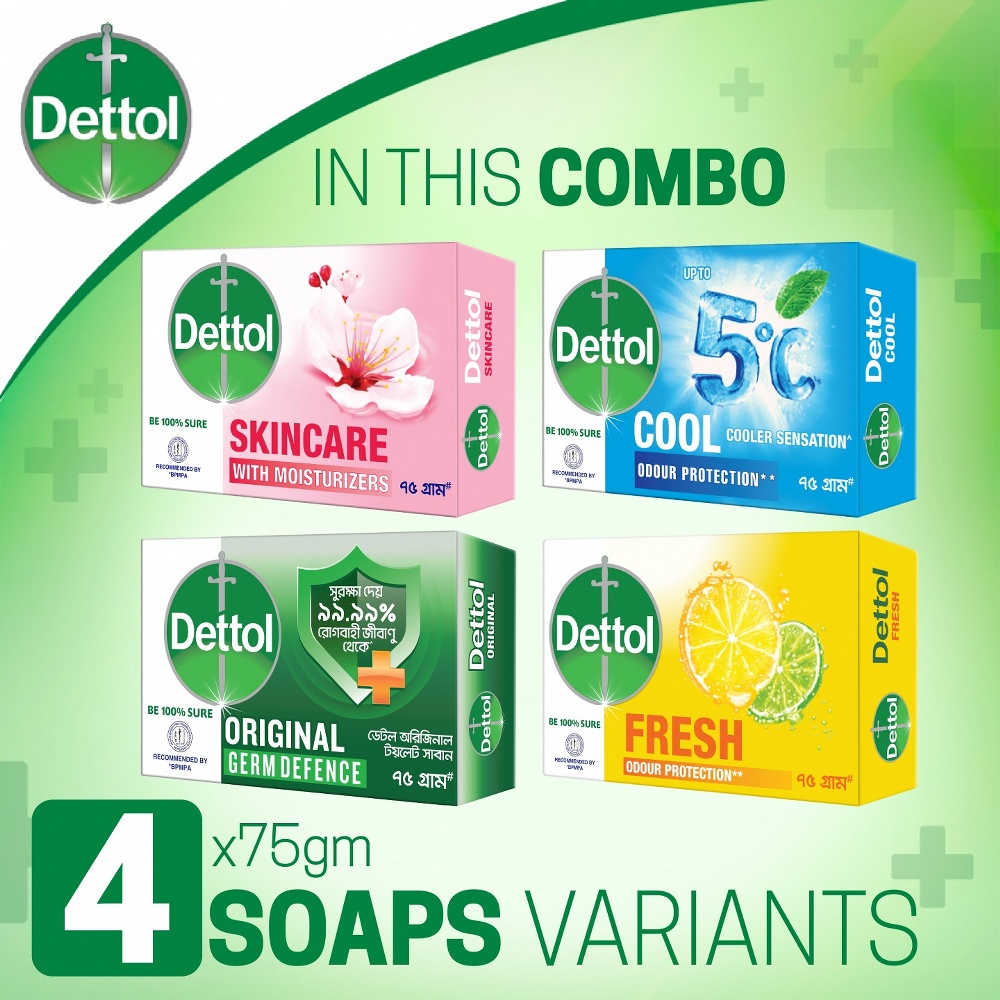 Dettol Soap Pack of 4 Variants- Original, Skincare, Citrus Fresh, Aloe Vera Bathing Bar Soaps