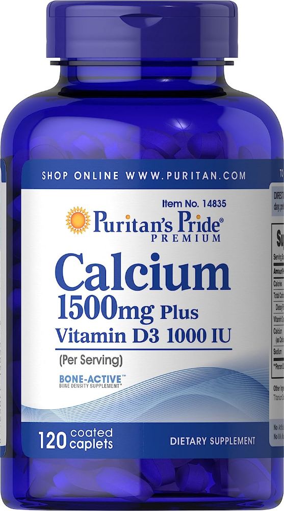 Puritan's Pride Calcium 1500 mg with Vitamin D 1000 IU-120 Coated Caplets, 120 Count