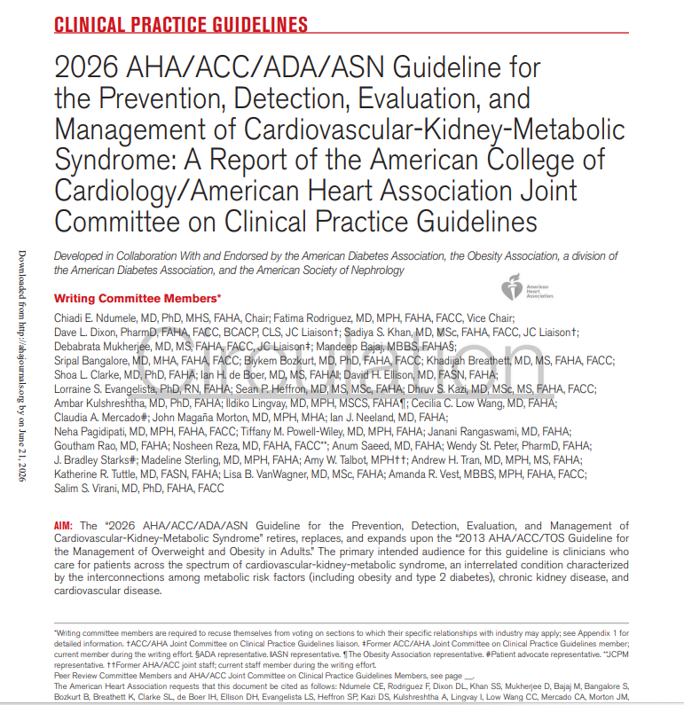 2026 AHA/ACC/ADA/ASN Guideline for the Prevention, Detection, Evaluation, and Management of Cardiovascular-Kidney-Metabolic Syndrome