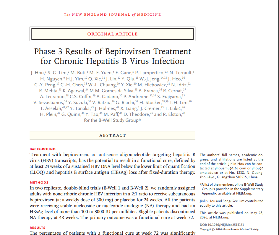 Phase 3 Results of Bepirovirsen Treatment for Chronic Hepatitis B Virus Infection